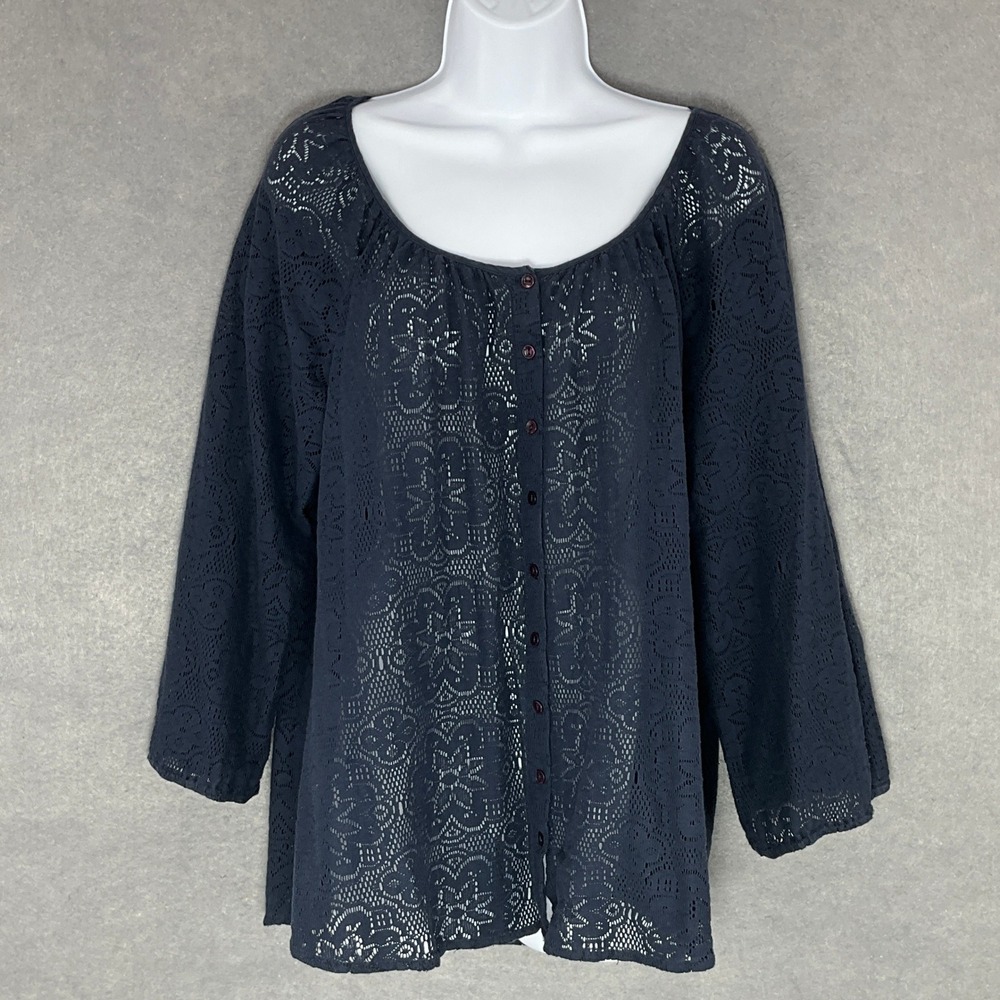Lucky Brand Lace Top‎ Blouse Button Front 3/4 Sleeve Sheer Bohemian XL
